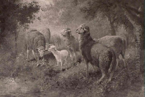 Sheep In A Forest Oil Painting by Louise J. Guyot