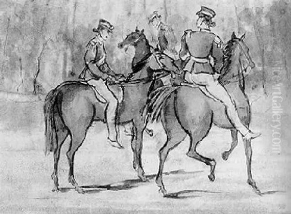 Three Women Officers On Horseback Oil Painting by Constantin Guys