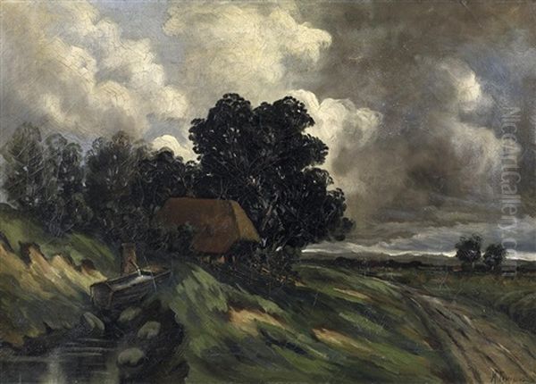 Vor Dem Gewitter. Bauernkaten Am Waldrand Oil Painting by Mikhail Markelovich Guzhavin