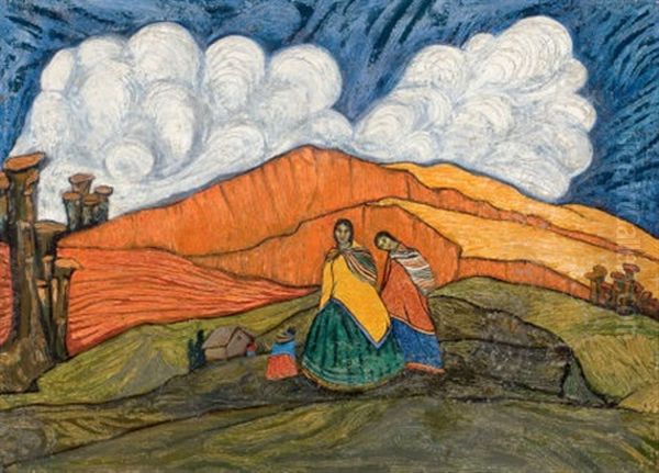 Landscape With Figures Oil Painting by Cecilio Guzman de Rojas