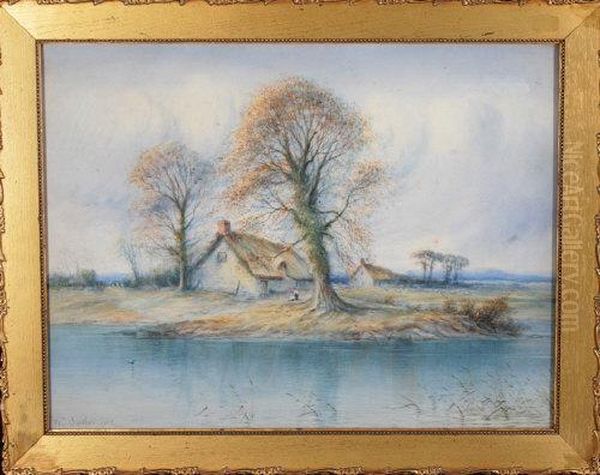 Thatched Cottages By A River Oil Painting by William John Baker