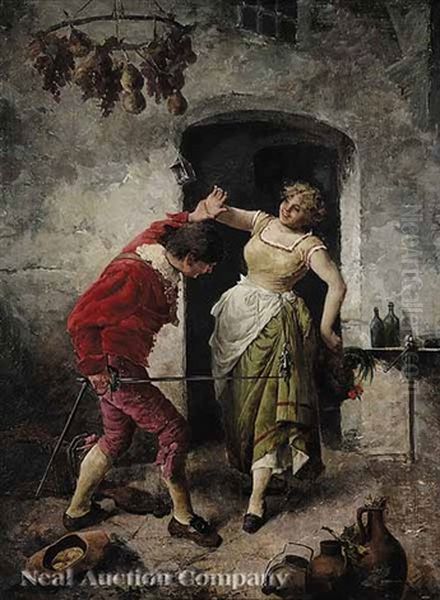 Woman And Musketeer Playfully Struggling Over A Rooster Oil Painting by Giuseppe Guzzardi