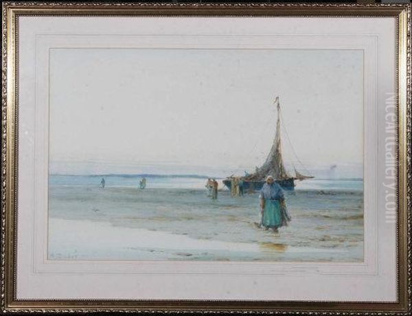 Fisherfolk And A Fishing Smack On A Continental Beach Oil Painting by William John Baker