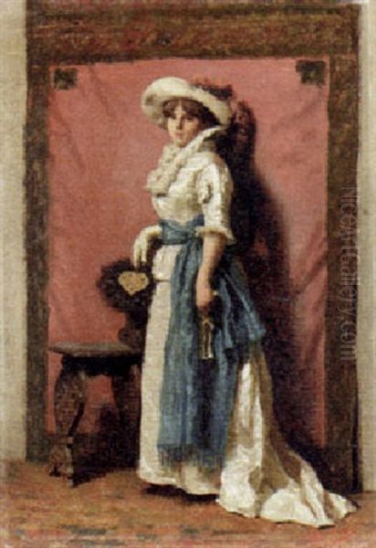 An Elegant Lady Holding A Fan Oil Painting by Giuseppe Guzzardi