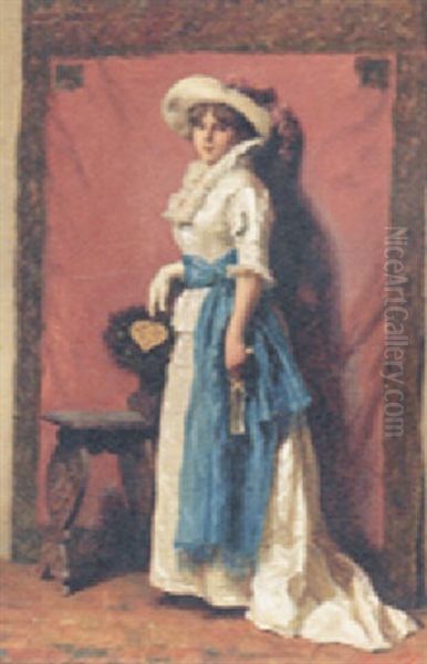 Portrait Of A Lady In A White Dress, Blue Sash And Holding A Fan Oil Painting by Giuseppe Guzzardi