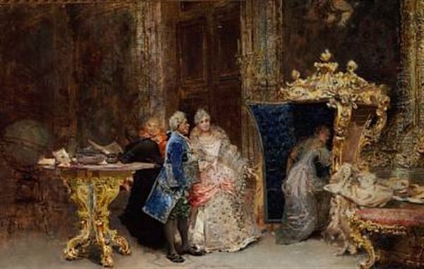 Interior With Elegant People In Rococo Costumes Oil Painting by Sabastiano Guzzone