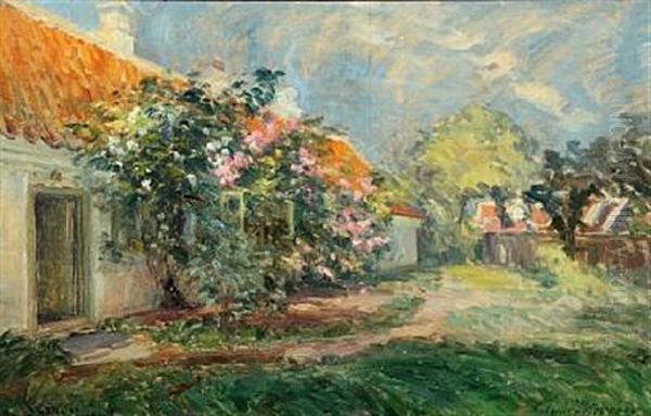 Summer Scenery Fom The House Of Michael Ancher With Roses In Blossom Oil Painting by Hans Gyde-Petersen