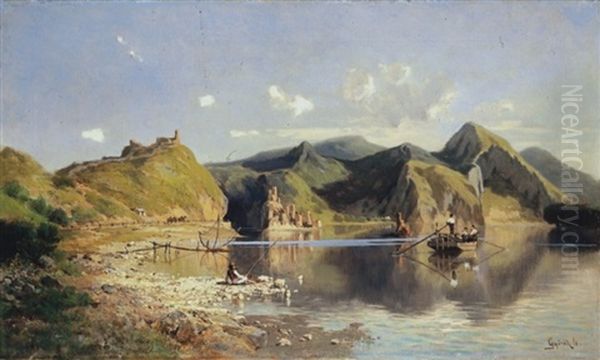 Bay With Fishermen Oil Painting by Leo Gyoeroek