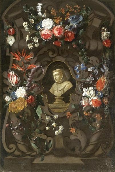 A Garland Of Flowers Surrounding The Bust Of Franciscus Rodius, Martyr Of Gorkum Oil Painting by Wouter Gysaerts