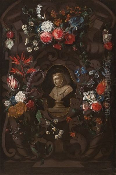 Blumenbildnis Mit Der Buste Des B. Franciscus Rodius Oil Painting by Wouter Gysaerts