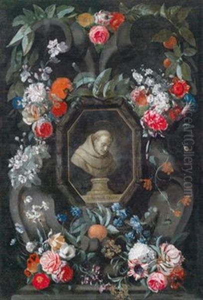 Ein Gemalde Mit Der Buste Des B. Nicasius Hezius Im Blumenkranz Oil Painting by Wouter Gysaerts