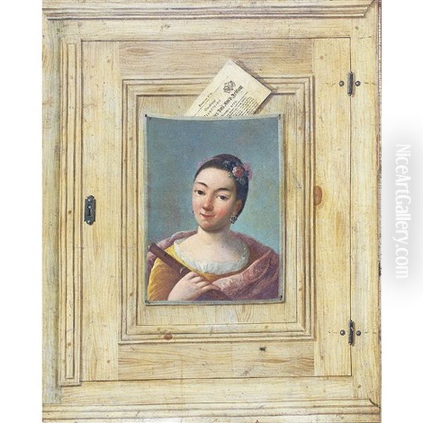 A Trompe L'oeil Of A Painting Of A Woman With A Flute Pinned To A Wooden Cabinet Door With A Fly Oil Painting by Cornelis Norbertus Gysbrechts