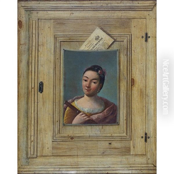 A Trompe L'oeil Of A Painting Of A Woman With A Flute Pinned To A Wooden Cabinet Door With A Fly Oil Painting by Cornelis Norbertus Gysbrechts