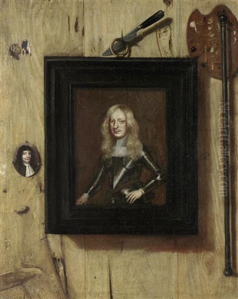 A Trompe L'oeil Still Life With A Portrait Of A Soldier, A Miniature Portrait, An Artist's Palette And A Mahlstick Hanging On A Wooden Partition Oil Painting by Cornelis Norbertus Gysbrechts