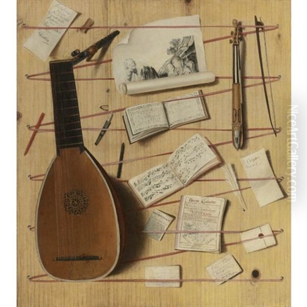 Trompe-l'oeil Still Life With A Lute And Rebec, Music Sheets, A Print And Other Objects Oil Painting by Cornelis Norbertus Gysbrechts