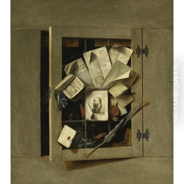 Trompe L'oeil Of An Open Cupboard Oil Painting by Cornelis Norbertus Gysbrechts