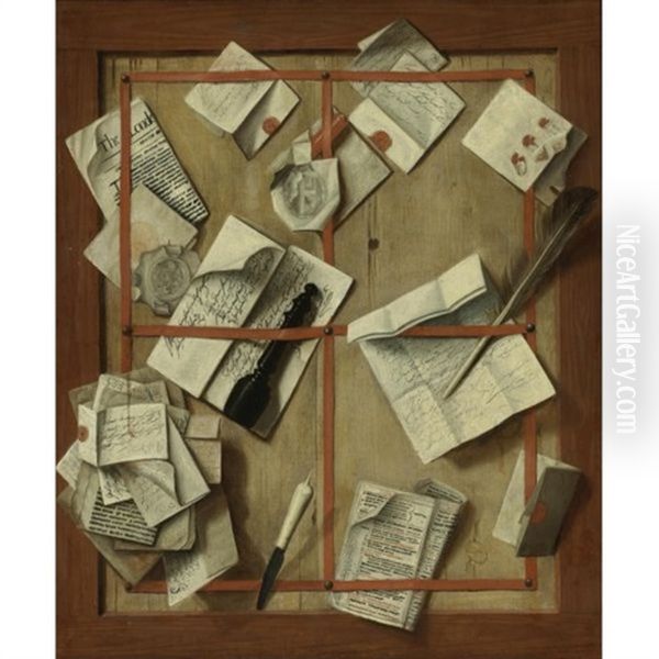 Trompe L'oeil Still Life Of Letters, A Newspaper, A Quill, A Letter Opener And Other Objects Tacked To A Wood Board Oil Painting by Cornelis Norbertus Gysbrechts