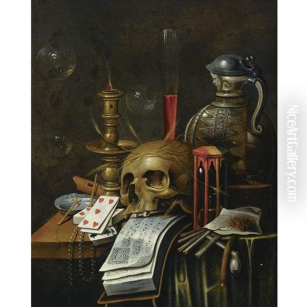 A Vanitas Still Life With An Hourglass, A Deck Of Cards, A Skull Resting On Music Sheets, An Ewer, A Flute, A Candlestick And Other Objects, All Arranged On A Partly-draped Table Top Oil Painting by Cornelis Norbertus Gysbrechts