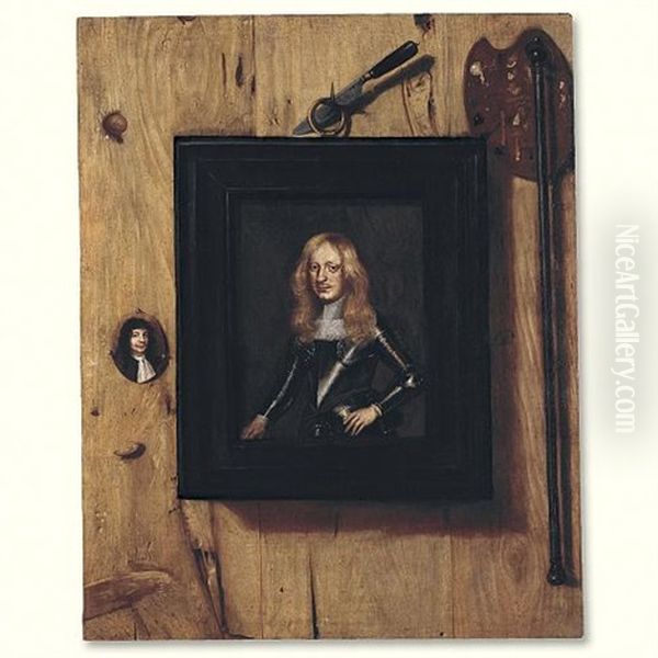 A Trompe L'oeil Still Life With A Portrait Of A Soldier, A Miniature Portrait, An Artist's Palette And A Mahlstick Hanging On A Wooden Partition Oil Painting by Cornelis Norbertus Gysbrechts