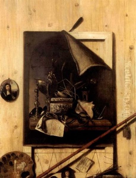 Trompe-l'oeil Au Mur D'atelier Et Toile Representant Une Vanite Oil Painting by Cornelis Norbertus Gysbrechts