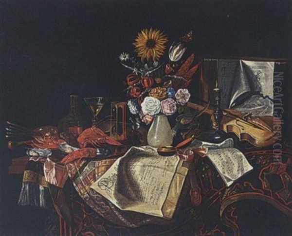 A Still Life With Lobsters On A Plate, A Painter's Palet, Glasses, An Hourglass, A Vase With Flowers, A Violin And Other Objects Together With A Parrot, All On A Table Oil Painting by Cornelis Norbertus Gysbrechts