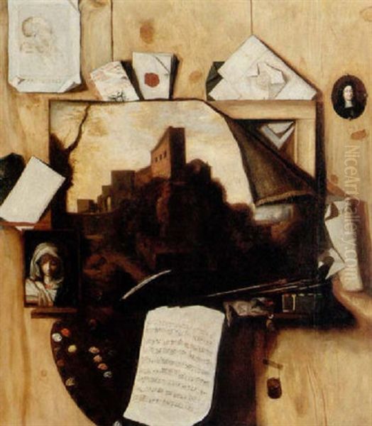 A Trompe L'oeil Of A Town Scene On Canvas Coming Away From Its Stretcher, A Madonna At Prayer, An Artist Palette And Brushes... Oil Painting by Cornelis Norbertus Gysbrechts