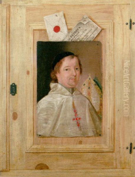 A Trompe L'oeil: Portrait Of Bishop Godefridus With An Envelope And A Document Attached To A Wooden Closet-door Oil Painting by Cornelis Norbertus Gysbrechts