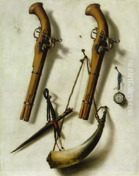 A Trompe L'oeil Of Two Pistols, A Powder Horn, A Dagger And A Watch Hanging A Wall Oil Painting by Cornelis Norbertus Gysbrechts