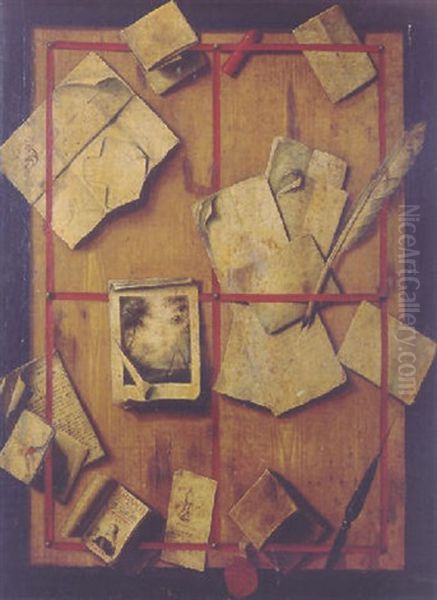 A Trompe-l'oeil: Documents, A Quill, A Set Of Engravings, An Almanac, A Wax Seal And A Pen On A Wooden Partition Oil Painting by Cornelis Norbertus Gysbrechts