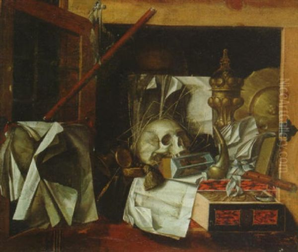 A Vanitas Still Life With A Skull, A Pocket Watch, An Hour Glass And Other Objects At An Open Window Oil Painting by Cornelis Norbertus Gysbrechts