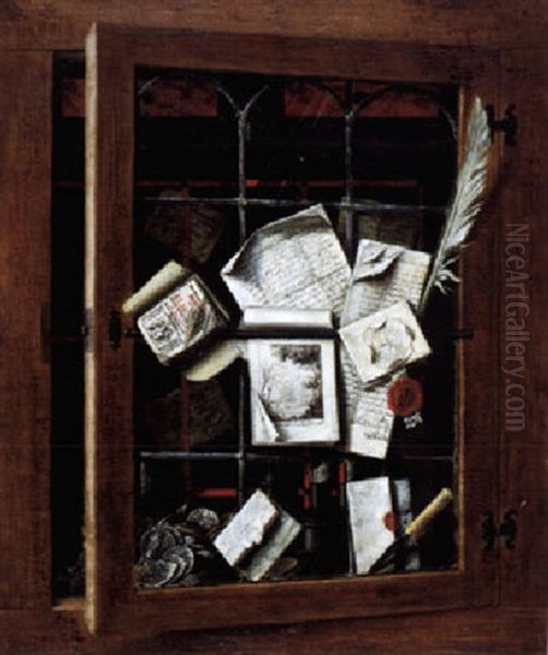 Briefe, Bucher, Schreibzeug Und Munzen In Einem Schrank Mit Halb Geoffneter Verglaster Tur Oil Painting by Cornelis Norbertus Gysbrechts