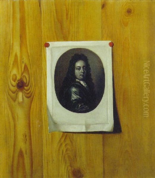 A Trompe L'oeil Of A Print Of A Portrait Of A Gentleman, In The Style Of Caspar Netscher Oil Painting by Cornelis Norbertus Gysbrechts