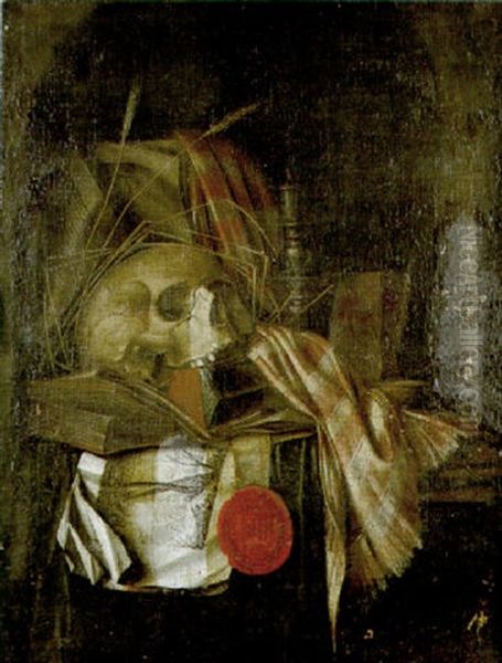 A Vanitas Still Life With A Snuffed Candle, Books, A Seal, A Print, A Skull And Ears Of Wheat In A Stone Niche Oil Painting by Cornelis Norbertus Gysbrechts