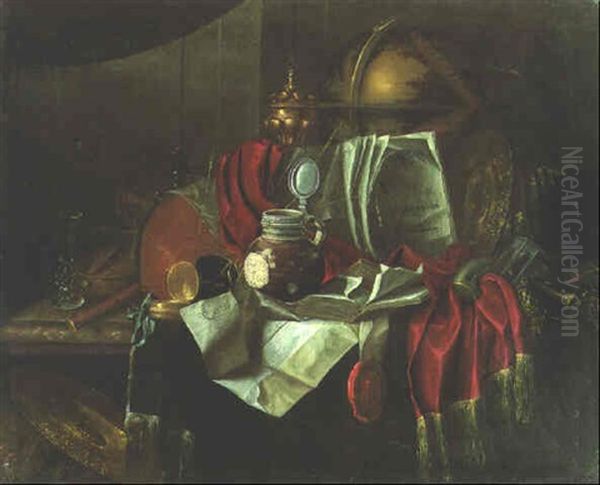 A Globe, Books, Documents And Other Objects On A Partially Draped Table Oil Painting by Cornelis Norbertus Gysbrechts