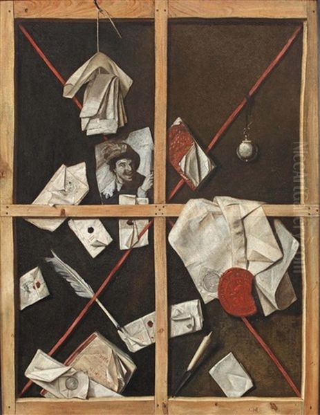 A Trompe L'oeil Of The Reverse Of A Canvas As A Letter Rack With Documents, A Journal, A Print Of A Cardplayer, A Quil And Sheets Of Paper Suspended From A String On A Nail Oil Painting by Franciscus Gysbrechts