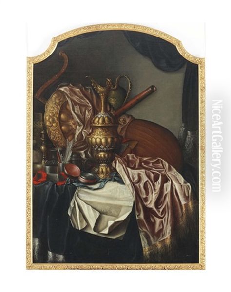 A Brass Urn, A Brass Shield, Musical Instruments, A Quil, A Compass, A Red And A Green Ribbon, A Manuscript And Other Objects, All On A Draped Table Oil Painting by Franciscus Gysbrechts