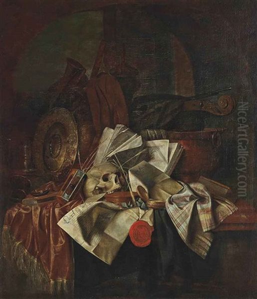 A Skull, An Hour Glass, A Shield With Books And Papers On A Partly Draped Table Oil Painting by Franciscus Gysbrechts