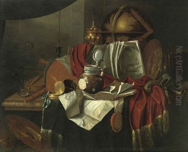 Musical Instruments, A Globe, A Watch, Books, A Stoneware Ewer, Documents, A Wineglass, A Horne And Various Other Objects On A Partly Draped, Marble Table Oil Painting by Franciscus Gysbrechts