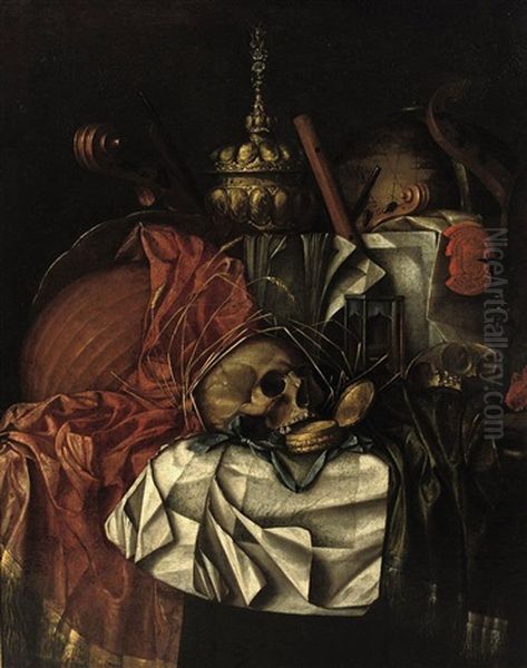 A Skull, A Gold Pocket Watch, An Hour Glass, A Globe, Musical Instruments, A Gold Tazza And An Open Book On A Partially Draped Table: A Vanitas Oil Painting by Franciscus Gysbrechts