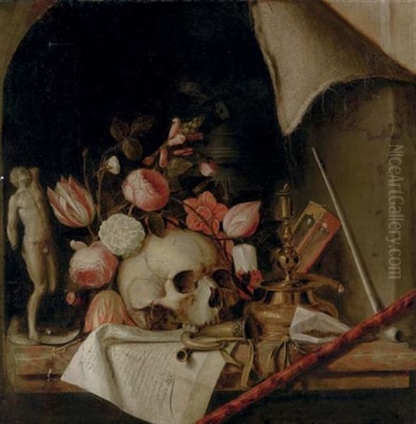 A Trompe-l'oeil Still Life, Vanitas Scene With A Skull Oil Painting by Franciscus Gysbrechts