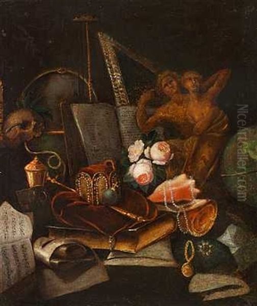 Memento Mori Med Roser, Smykker, Krone, Boger Og Kranie Oil Painting by Franciscus Gysbrechts