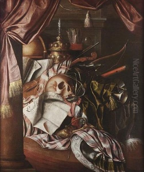 A Vanitas Still Life With A Globe, A Silver Gilt Chalice, A Bow, A Quiver, A Ewer, A Silver Dish And Various Musical Instruments On A Table Beneath A Mauve Curtain Oil Painting by Franciscus Gysbrechts