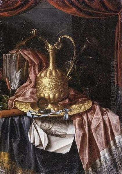 A Still Life Of A Gilt Ewer, A Gilt Plate, Prints And Writing Materials All Resting On A Draped Table Oil Painting by Franciscus Gysbrechts