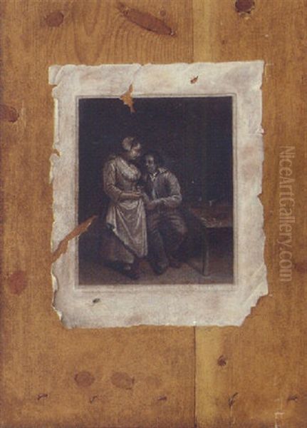 A Trompe L'oeil Of An Engraving Of Peasants In An Interior Fixed To A Wooden Partition Oil Painting by Franciscus Gysbrechts