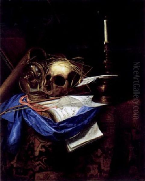 Vanitas-stilleben Mit Einem Notenbuch, Einer Ungesturtzten Silberkanne Und Einem Totenkopf Oil Painting by Franciscus Gysbrechts