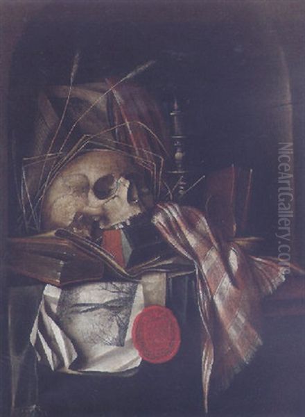 Still Life Of A Candle, A Skull, Ears Of Corn And Other Items On A Partly-draped Table Top Oil Painting by Franciscus Gysbrechts