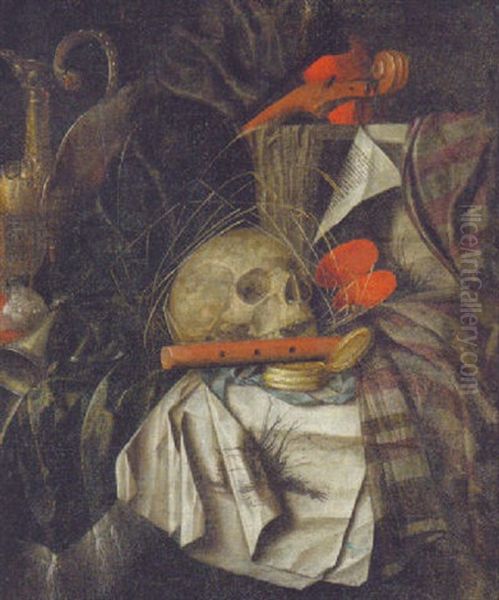 A Vanitas Still Life With A Skull, A Flute, A Pocket Watch, An Hourglass, A Gilt Ewer, A Violin And A Book On A Draped Table Oil Painting by Franciscus Gysbrechts