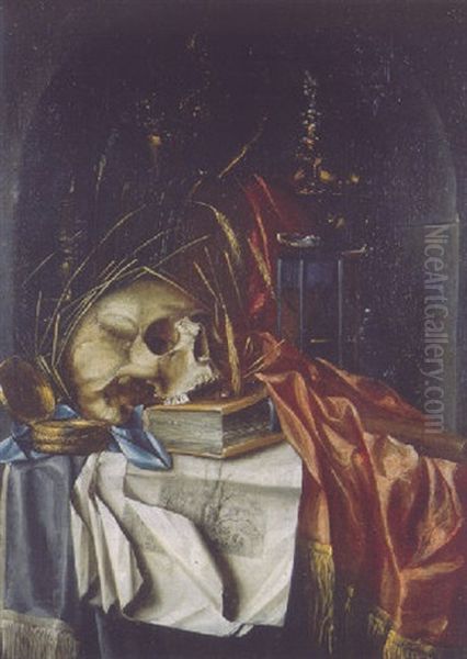 A Vanitas Still Life With A Skull Resting On A Book And Engravings, An Hourglass And Other Objects On A Red Silk Cloth In A Draped Niche Oil Painting by Franciscus Gysbrechts