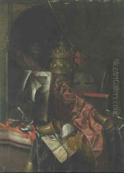 Dishes, A Book, Horns, A Telescope And Other Objects On A Draped Stone Niche Oil Painting by Franciscus Gysbrechts