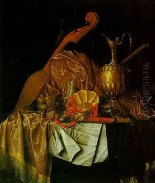 A Still Life Of A Cello, A Flute, A Gilt Plate, Ewer And Bowl, With Fruits, All On A Marble Ledge Oil Painting by Franciscus Gysbrechts